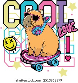 Girlish print with capybara on skate. Typography slogan  for t-shirts.  for greeting card, t shirt printing and embroidery, Graphic tee and printed tee. Girlish print