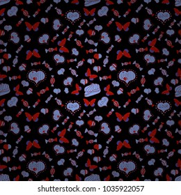 Girlish repeated backdrop with hearts, drawing in sketch style on blue, black and red colors. Romantic wrapping paper. Abstract seamless love pattern. Valentines day wrapping paper. Vector.