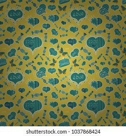 Girlish repeated backdrop with hearts, drawing in sketch style on yellow, blue, green colors. Valentines day wrapping paper. Romantic wallpaper for wrapping. Abstract seamless love pattern. Vector.
