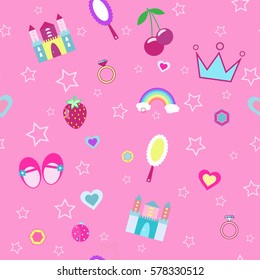 girlish seamless pattern with crown, castle pink background vector illustration