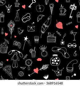 Girlish seamless pattern with cupcake, crown, ring, pizza, camera, feather, cat, letter on black background. Design element for wrapping paper, textile, cover.