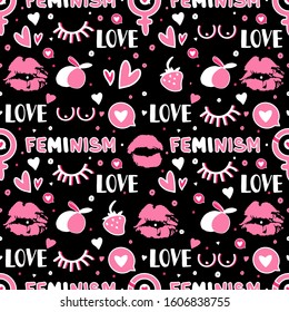 Girlish seamless pattern with hearts,text,kisses,arrows,chest. Cool super girls power, lettering. Print design for children's clothes. Typography design. Women motivational slogan Feminism quote.