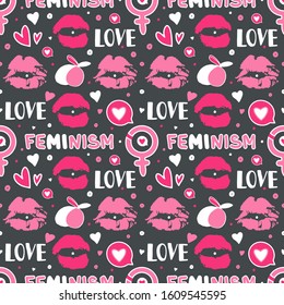Girlish seamless pattern with hearts,text,kisses,arrows,chest. Cool super girls power, lettering. Print design for children's clothes. Typography design. Women motivational slogan Feminism quote.