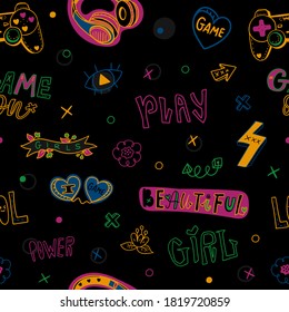 Girlish seamless pattern with a joystick, headphones, heart and lettering on black background. Print design for clothes. Typography design. Bright retro background.