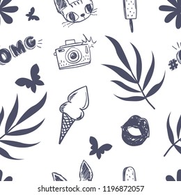 Girlish seamless pattern. Monochrome repeats backdrop for textile, clothes, wrapping paper