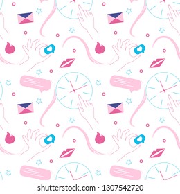 Girlish seamless pattern in pink colors. Tenderness, gossip, social networks, girlfriends.