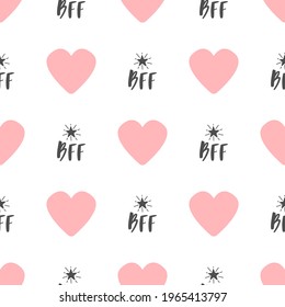 Girlish seamless pattern with repeating hearts, Best Friends Forever text abbreviation BFF and stars. Endless print for girls. Hearts BFF girly vector illustration, seamless pattern for fabric print.