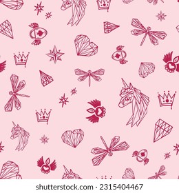 Girlish seamless pattern with unicorn, heart with wings, key lock, dragonfly, diamond, crown. Linear sign repeat print. Tattoo Girls trendy wrapping paper. Fancy illustration for girl textile, clothes