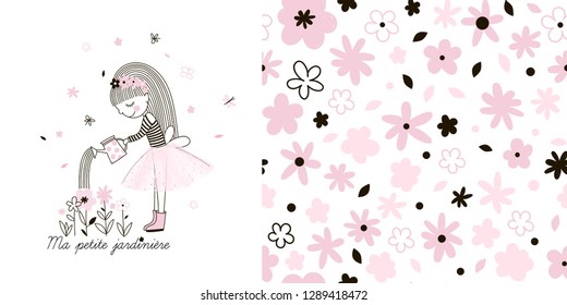 Girlish Spring garden themed graphic set with Little cute cartoon girl watering flowers illustration and seamless floral pattern. Doodle linear drawing. Pink colour. Perfect for baby girl fabric