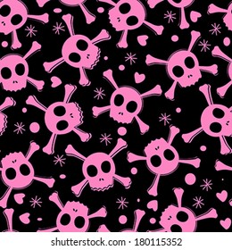 Girlish style seamless pattern with pirate skull and hearts