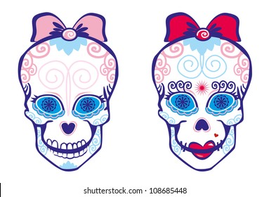 girlish sugar skull with lips and bow, isolated