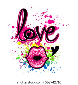 Girlish t shirt design. Creative wallpaper with original calligraphic text Love on white background with glitter kiss lips, heart, spray paint pink ink. Fashion teenagers cute style for fancy clothes