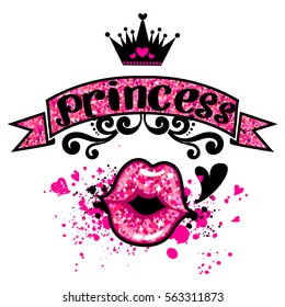 Girlish t shirt design. Creative wallpaper with original calligraphic text princess on frame, with ornament and glitter. cartoon crown, hearts, spray paint pink ink. Fashion cute style