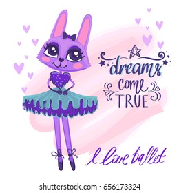 Girlish t shirt design on tender watercolor background with cute girl rabbit in a ballerina pack and pointe. I love ballet. Lettering composition Dreams come true. 