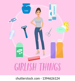 Girlish things banner vector illustration. Hygiene personal care toiletries set of hygienic bath products and bathroom accessories such as soap, shampoo or shower gel for bodycare.