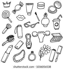 Girlish things hand drawn icons set line art.