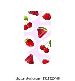 Girlish transparent phone case with red fruit abstract design isolated on a white background. Protective fashionable mockup cover for smartphone with watermelons, cherries, strawberries. Female best c