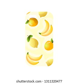 Girlish transparent phone cover with yellow fruit print isolated on a white. Protective fashionable mockup cover for smartphone with lemons, apples, bananas. Female best choice. 