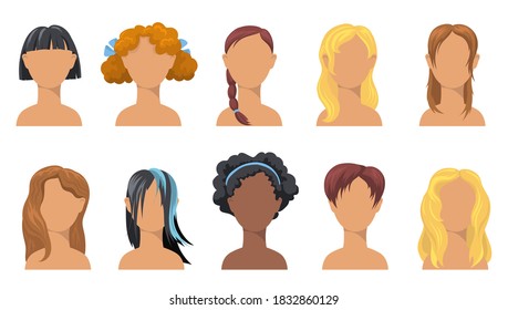 Girlish trendy hairdo set. Stylish haircuts for girls of different ethnicity, hair types, colors and length. Vector illustration for hairdressing, fashion, style, beauty, glamour concept