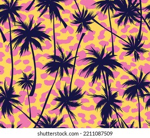 Girlish tropical patterns, Palm Tree and leopard prints, Abstract tropical floral seamless pattern with palm, monstera leaves, animal skin print. Creative artistic background. Digital vector art 