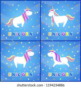 Girlish unicorns with rainbow mane and sharp horn set of greeting cards. Mysterious horse from fairy tales or legends. Childish animal character vector