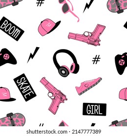 girlish urban pattern with cap, glasses, pistol, skateboard and slogan