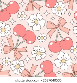 Girlish Vector Seamless Pattern with Cocktails Cherries, Bows, and Daisies in Pastel Coquette Style. Girls bachelorette Party Night out background. Perfect for fashion prints, wrapping paper, party