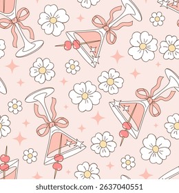 Girlish Vector Seamless Pattern with Pink Cocktails, Cherries, Bows, and Daisies in Pastel Coquette Style. Girls bachelorette Party Night out background. Perfect for fashion prints, wrapping paper