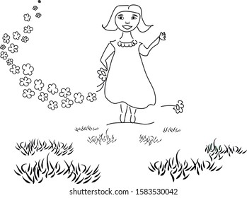 Girl-kid with flowers. Vector drawing.