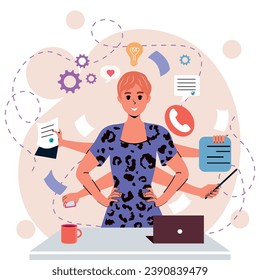 Girll. White background.Notes, negotiations, business.Internet. Trendy person. Character. Businesswoman. Isolated. Multitasking. Importance. Flat style.