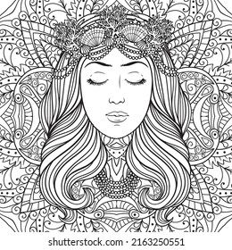 Girl-mermaid in decoration with pearls and shells, black and white vector illustration for coloring book, tattoo, poster.  
Face of a beautiful young girl with long wavy hair on the white background.