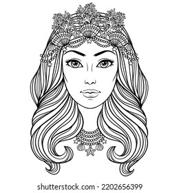 Girl-mermaid in decoration with pearls and shells, vector linen illustration. 
Face of a beautiful young girl with long wavy hair on the white background.