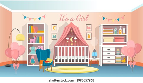 It's a girl.Modern pink room interior for newborn kid. Interior bedroom for a baby with a cot, a dresser, armchair, a shelf. Vector illustration.