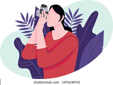 Girl-photographer concept vector flat illustration for wallpaper, background, banner, advertising,