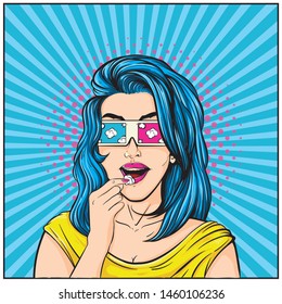Las chicas con gafas 3D comen palomitas mientras ven una película. Dibujo humorístico de arte pop.