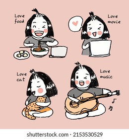 Girls in 4 activities, eat, watch movies, play with cats, play guitar.
