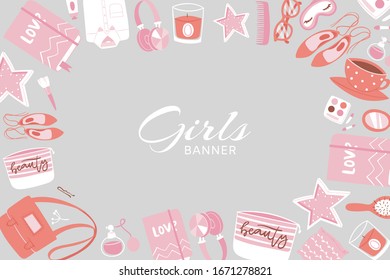 Girls accessories and cloths frame banner with makeup, bags star, cosmetic, footwear and purses cartoon vector illustration. Girls accessories frame banner for beauty shop.