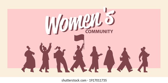 girls activists silhouettes standing together female empowerment movement women's community union of feminists concept horizontal full length vector illustration