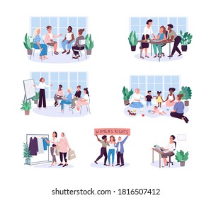 Girls activities flat color vector faceless characters set. Shopping with girlfriends. Business lady. Feminism movement isolated cartoon illustrations collection for web graphic design and animation