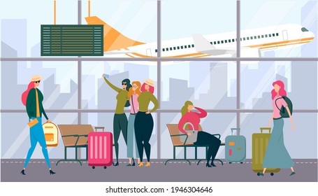 Girls at Airport Wearing Hats and Glasses, Going on Trip Flat Cartoon Vector Illustration. Young Women Doing Selfie and Having Fun. Terminal Interior with Flying Aircraft on Background.