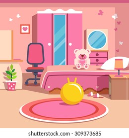 Girls All Pink Bedroom Interior. Flat Style Cartoon Vector Illustration With Isolated Objects.