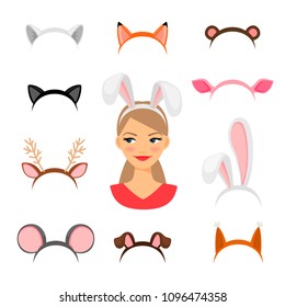 Girls animals ears costume. Cat and rabbit, deer and fox ears funny carnival headdress set vector illustration, girl head masquerade decor isolated on white