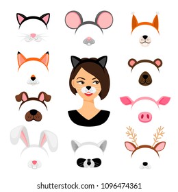 Girls animals masks. Vector female animal face mask set isolated on white background, like cat and dog, raccoon and pig