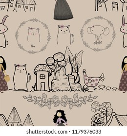 Girls and animals on landscape seamless pattern