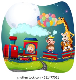 Girls and animals on train illustration