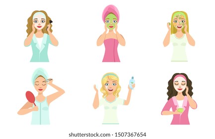 Girls Applying Different Facial Masks for Skin Care and Treatment Set, Young Woman Cleaning and Caring for Their Faces, Beauty, Hygiene Vector Illustration