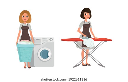 Girls in Apron Doing Housework, Young Women in Uniform Ironing and Doing Laundry, Cleaning Company Service Cartoon Style Vector Illustration
