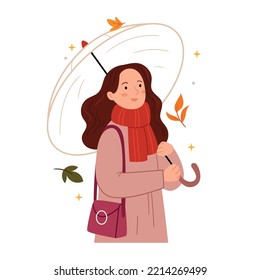 Girls in autumn clothes stroll with a transparent umbrella. Autumn mood. Rainy weather.
