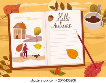Girls Autumn Diary, autumn yellow, orange leaves, branch, mug of coffee, illustrations. Fall, cozy mood hygge atmosphere. Vector illlustration