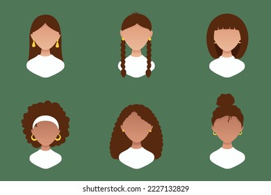 Girls avatars with different hairstyles and brown hair. Shotenka. Girl with different hair. Portrait. Isolated illustration in modern cartoon style for graphic design and animation pack